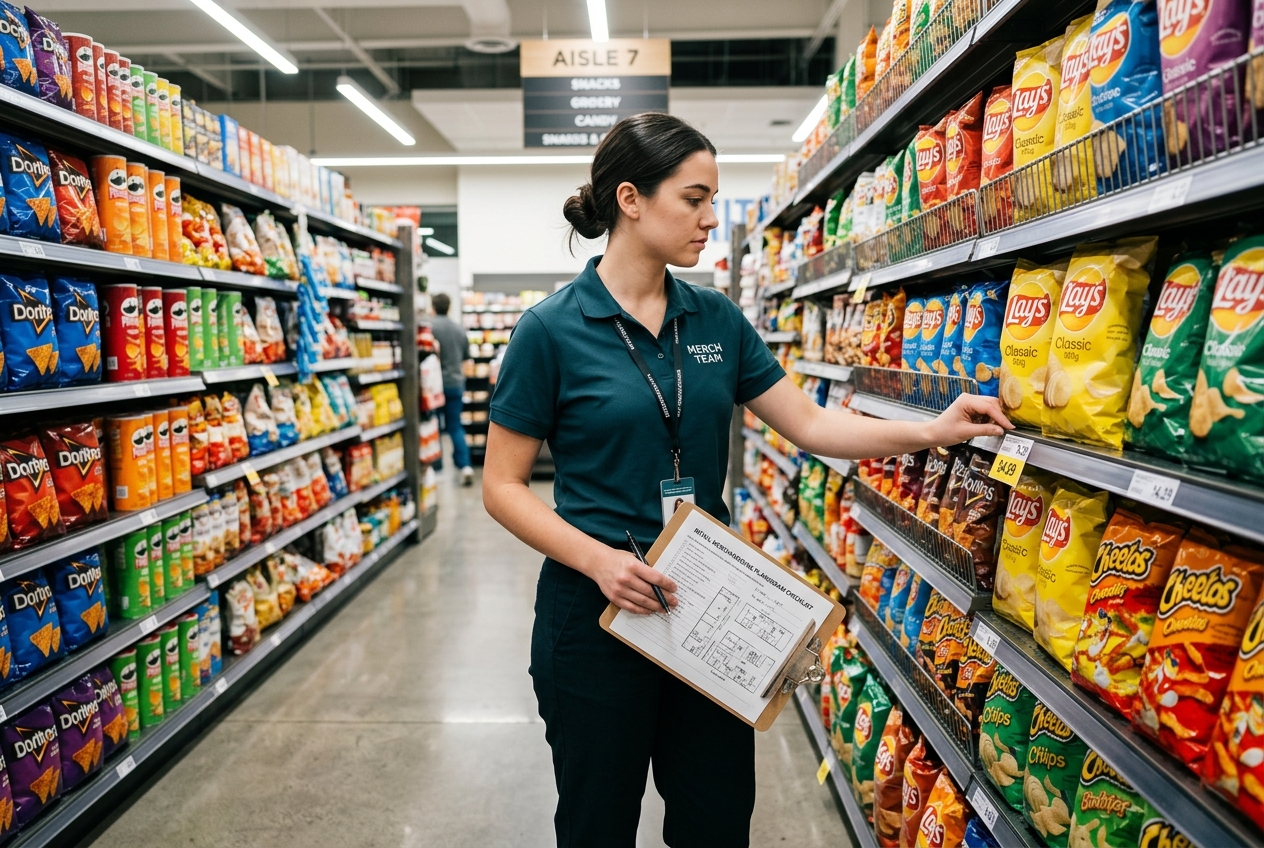 Merchandiser checking planogram against stocked shelves
